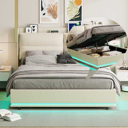 WoodenAura 140×200 cm Polsterbett, hydraulisches Doppelbett mit LED-Leuchten und Lattenrost, mit Rückenlehnenkopfteil