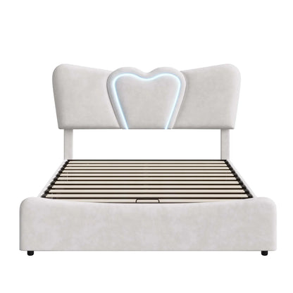 Doppelbett 140x200, LED Stauraumbett mit Lattenrost, Hydraulisch Polsterbett aus Kopfteil Höhenverstellbar, Herzform Kopfteil