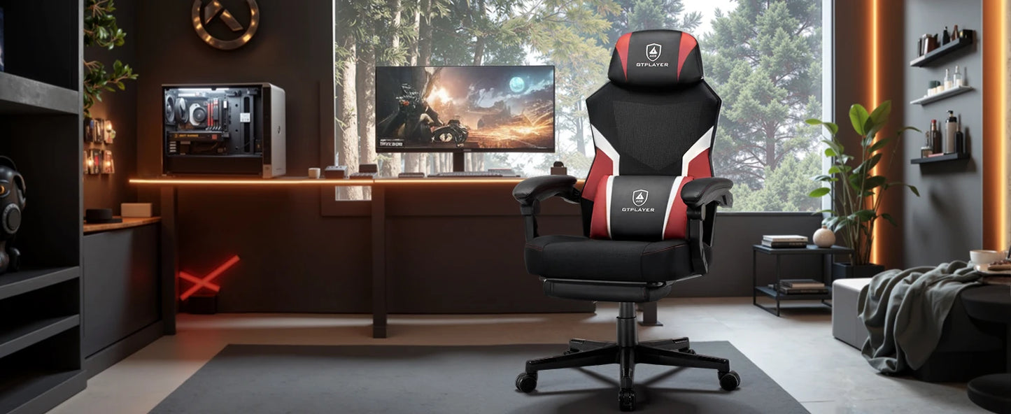 GTPLAYER Gaming Stuhl mit Fußstütze, ergonomischer Bürostuhl mit Netzrückenlehne, Schreibtischstuhl Gaming Sessel aus Stoff