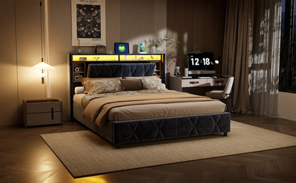 Rosahqnda Doppelbett， mit USB und LED, Polsterbett mit Stauraum und Kopfteil, Bettrahmen mit Holzlattenrost, Samt，grau