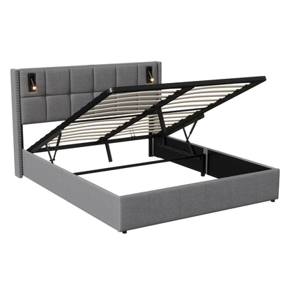 Rosahqnda Polsterbett 160x200 cm mit Stauraum,Kopfteil mit LED-Leselicht,Kupfernieten Modernes Bettgestell,Grauer Samtstoff