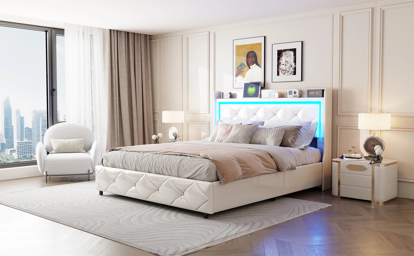 Rosahqnda Doppel-Jugendbettgestell 140–160 x 200 cm mit hydraulischem LED- und USB-Aufbewahrungsbett, Einzelbett, Gäste-/Master-Schlafzimmer, PU, weiß/schwarz