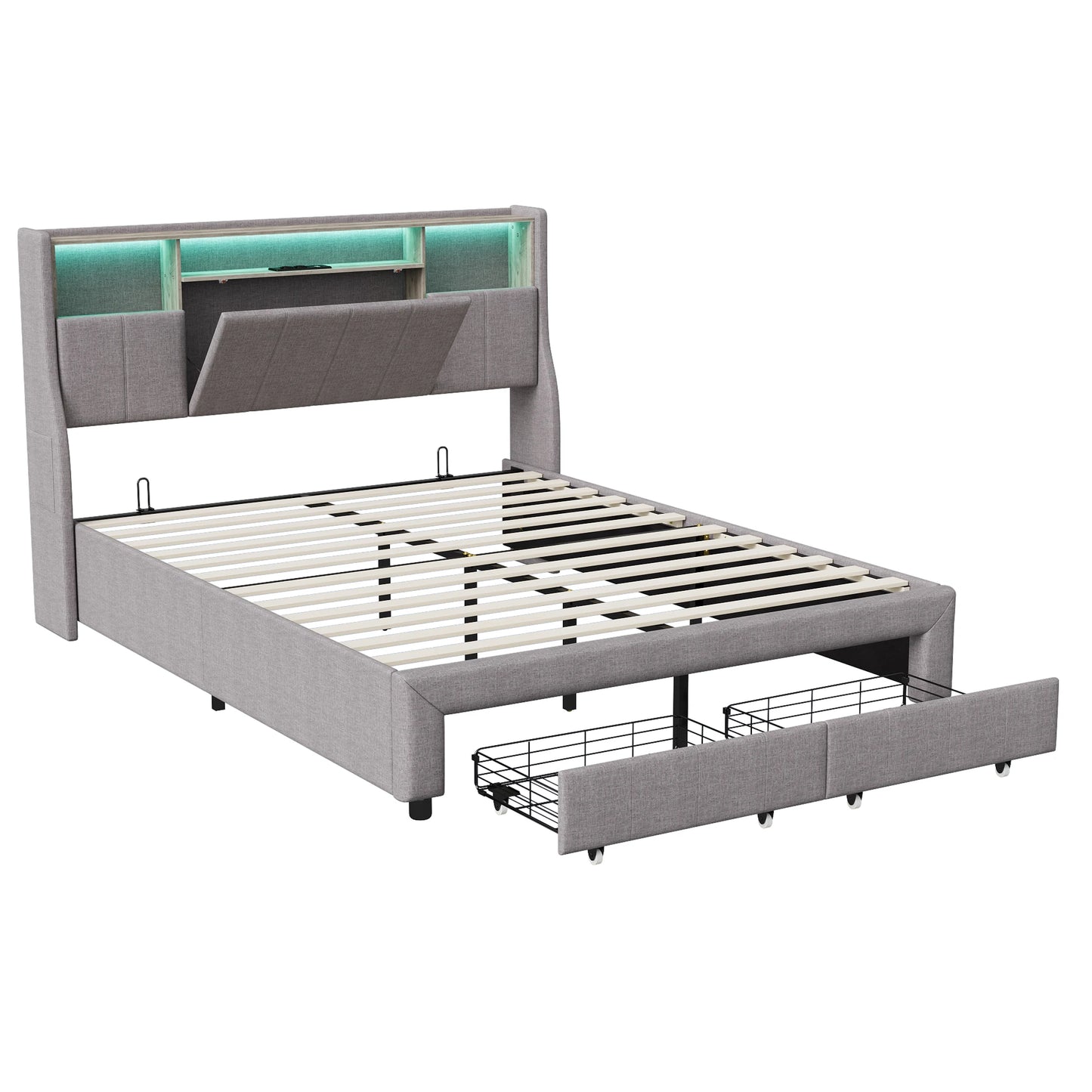 Rosahqnda gepolstertes Doppelbett 140x200cm mit LED-Beleuchtung,Doppelbett mit 2 Schubladen,hydraulischem Stauraum,ohne Matratze