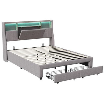 Rosahqnda gepolstertes Doppelbett 140x200cm mit LED-Beleuchtung,Doppelbett mit 2 Schubladen,hydraulischem Stauraum,ohne Matratze