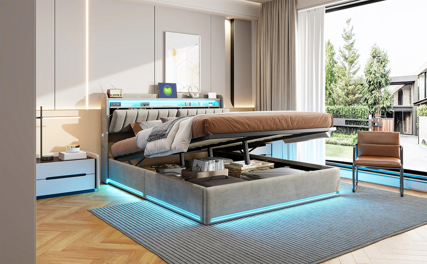 Rosahqnda Doppelbett,Kopfteil mit LED-Beleuchtung,USB-Anschlüssen und Ablagefach,Stauraumbett,Gästebett,Jugendbett,Samtstoff