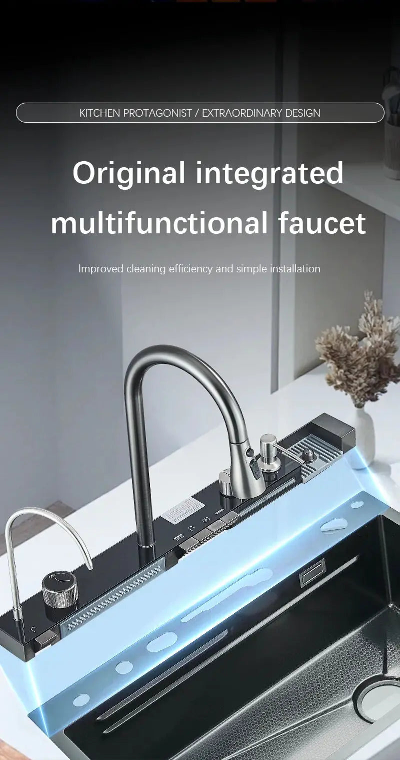 Wasserfall-Küchenspüle aus Edelstahl 304, großes Einzelschlitz-Wasserhahn-Set mit integrierter Digitalanzeige, Seifenspender, Tassenwascher