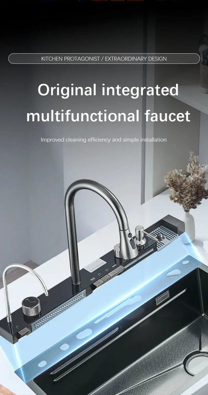 Wasserfall-Küchenspüle aus Edelstahl 304, großes Einzelschlitz-Wasserhahn-Set mit integrierter Digitalanzeige, Seifenspender, Tassenwascher