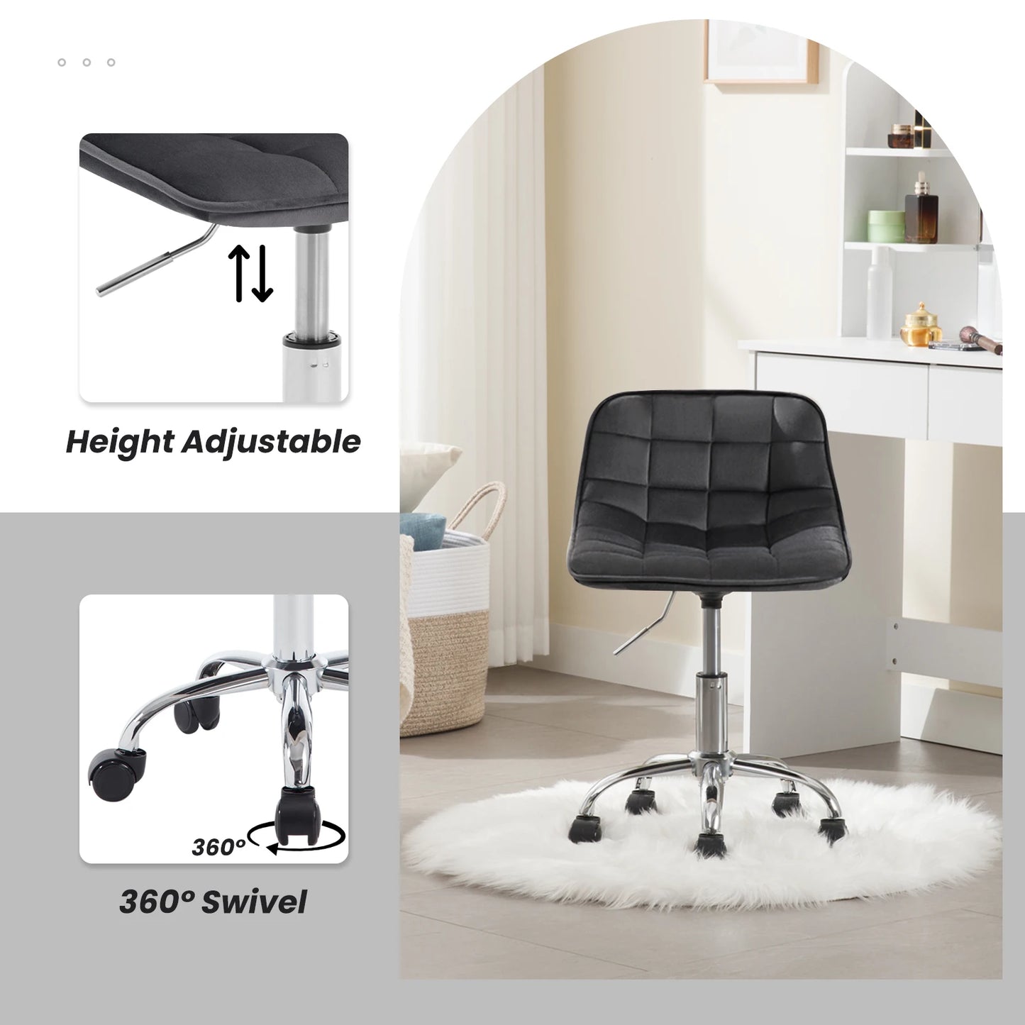 WOLTU Drehbarer Bürostuhl aus Samt, Make-up-Arbeitsstuhl, Ankleidehocker mit Rückenlehne, höhenverstellbarem, gepolstertem Sitz