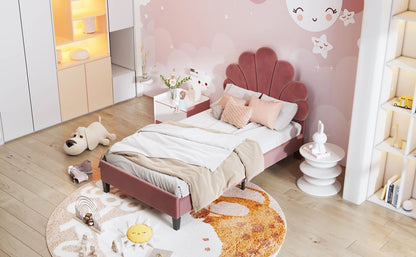 Rosahqnda Kinderbett 90x200cm, Einzelbett, Kinderbett mit Blütenblatt, Geeignet für Mädchenzimmer, Beige, Weinrot, Samt