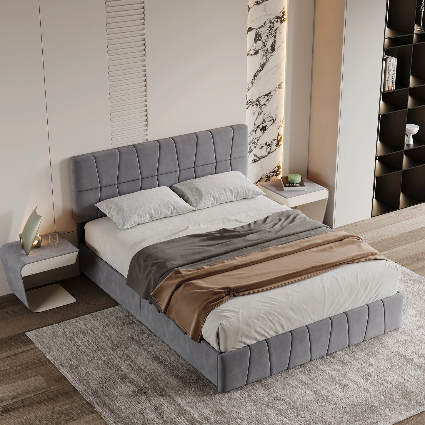 WoodenAura Polsterbett 160x200, Doppelbett mit 4 Schubladen Höhenverstellbarem Kopfteil, Jugendbett Stauraumbett Funktionsbett