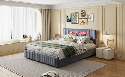 Rosahqnda Polsterbett, Hydraulisches Doppelbett mit LED-Lichtleiste und großem Stauraum, 140-160 x 200 cm, Weiß/Grau