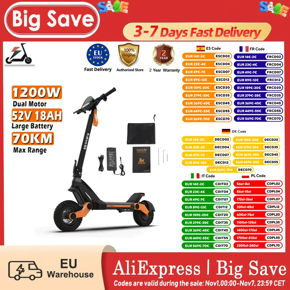 KuKirin G3 Electric Scooter 10.5 Inch 1200W Motor 52V 18Ah Lithium Battery Max Speed 25 KM/H Touchable Display Control Panel.