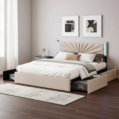 Polsterbett Doppelbett160x200cm mit LED-Beleuchtung,Stauraumbett mit 4 Schubladen,Bett mit Kopftei und Holzgestell,Leinen, Beige