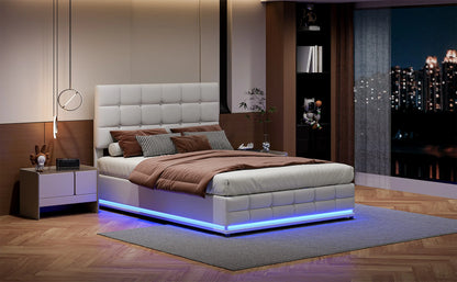 Rosahqnda Gepolstertes hydraulisches Bett 140 * 200 cm mit LED-verstellbarem Kopfteil, moderner Doppelbettrahmen mit Stauraum,PU