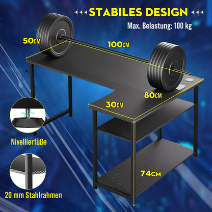 COMHOMA Schreibtisch Gaming Tisch mit Regal, Eckschreibtisch mit USB-Ladeanschluss und Steckdose, 120cm Computertisch L Form, PC