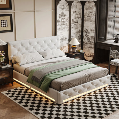 Rosahqnda upholstered bed, double size, with LED lights, storage bed with hydraulic lift box, adjustable headboard height, linen