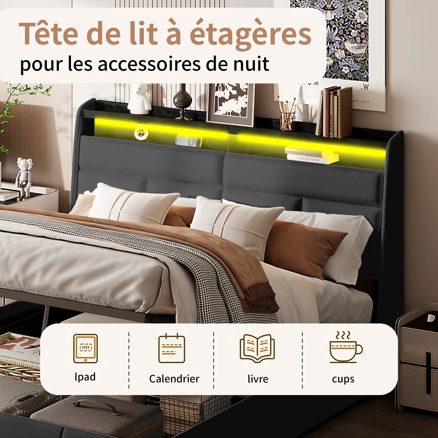 WoodenAura Hydraulisch Doppelbett Polsterbett 140x200cm, Bett mit Lattenrost aus Metallrahmen, Modernes Bettgestell mit Stauraum