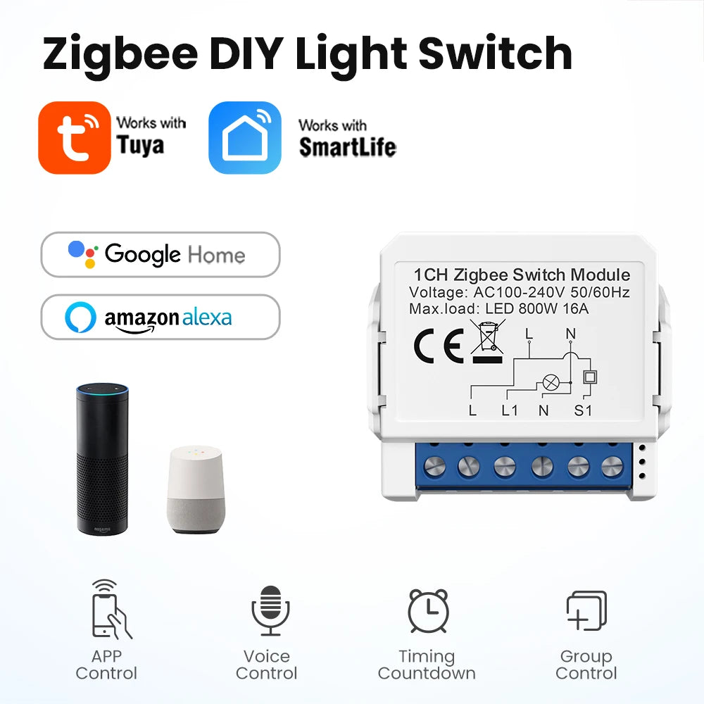 AVATTO Tuya WiFi Zigbee Smart Lichtschaltermodul, Neutralleiter/Keine Neutralleitersteuerung DIY Breaker Arbeit für Alexa, Google Home.