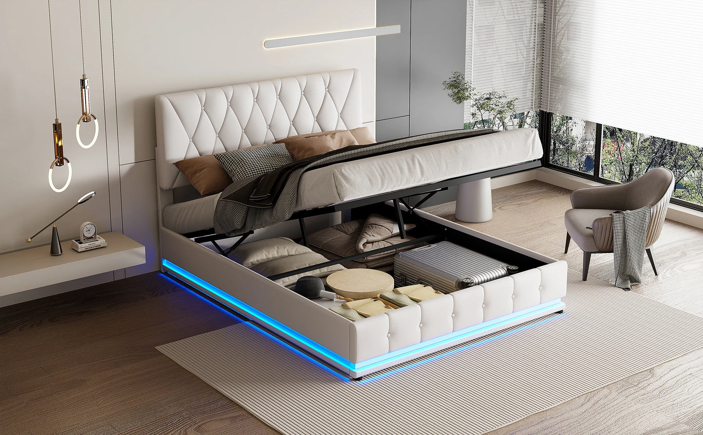 Rosahqnda Gepolstertes hydraulisches Bett 140 * 200 cm mit LED-verstellbarem Kopfteil, moderner Doppelbettrahmen mit Stauraum,PU