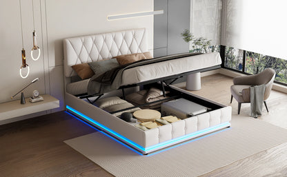 Rosahqnda Gepolstertes hydraulisches Bett 140 * 200 cm mit LED-verstellbarem Kopfteil, moderner Doppelbettrahmen mit Stauraum,PU