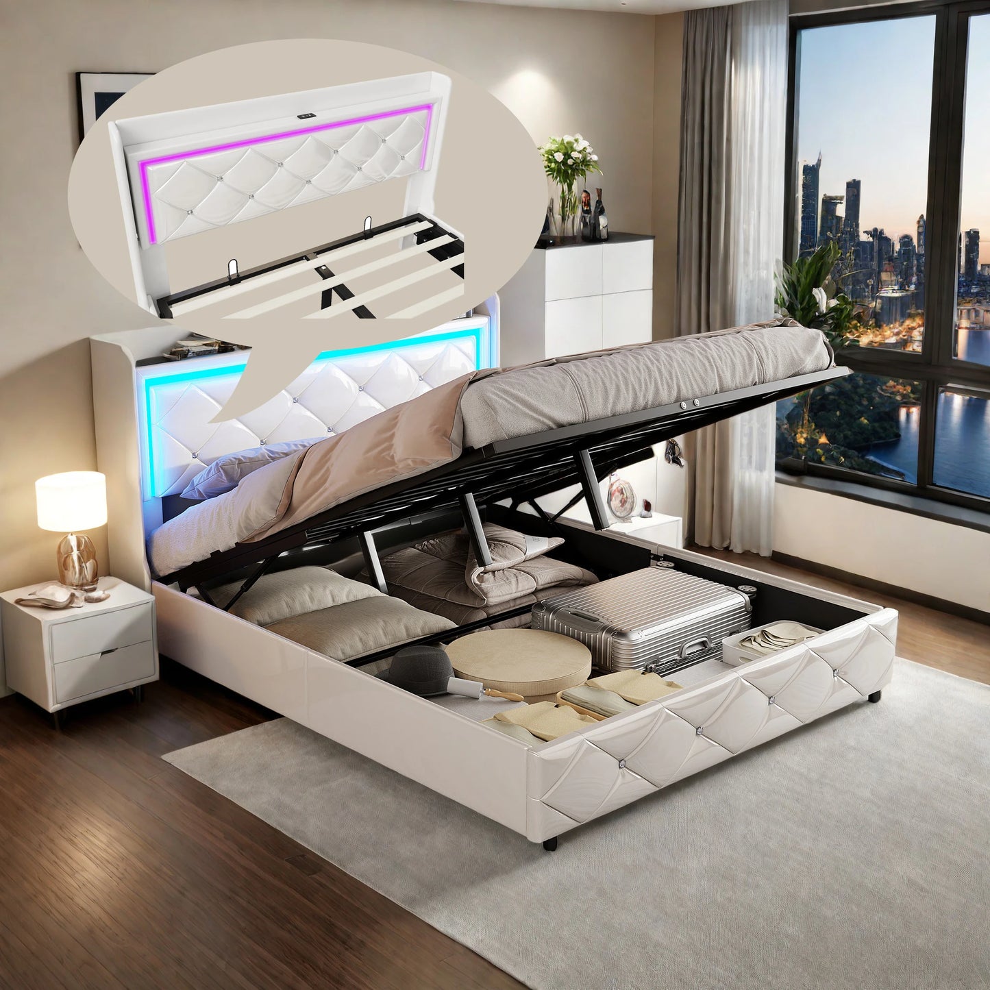 WoodenAura 140x200cm PU-Polsterbett, weißes Einzel und Doppelbett mit Lattenrost, Holz Kopfteil mit dekorativen Knöpfen, RGB-LED