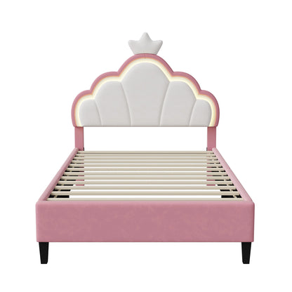 Anajqaqia 90x200cm gepolstertes Einzelbett, Kinderbett, mit Kronpenkopfteil und LED-Beleuchtung, Samtstoff, Rosa