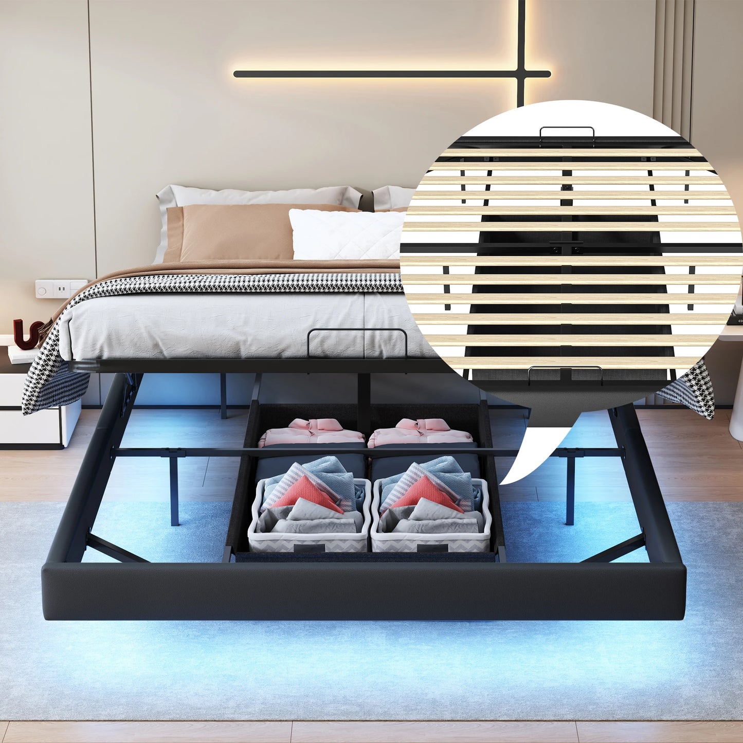 WoodenAura Polsterbett Bettgestell Doppelbettgestell, Geräusche leicht aufzubauen. Kunstleder-Bettrahmen 160 x 200 cm  modernes