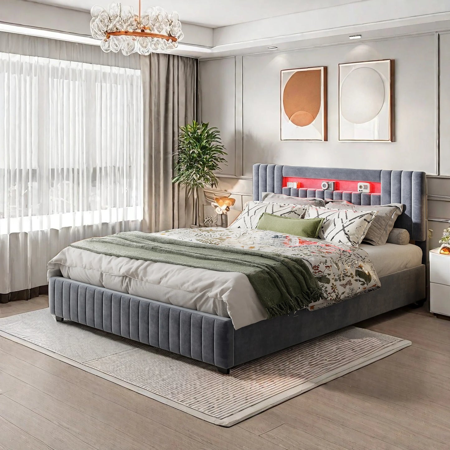 Rosahqnda 140x200 Bett mit Stauraum und Untergestell, gepolstertes Bett mit Stauraum, Doppelbett mit LED, Bettgestell aus Samt, mit Lattenrost, Grau