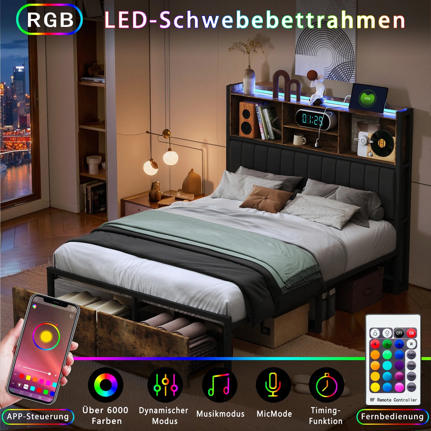 Rosahqnda Doppelbett aus Eisen, Rahmen mit LED, USB und Schubladen, gepolstertes Bett, 140–160–180 x 200 cm, Stauraum, Kopfteil, Jugendbett, PU, Schwarz