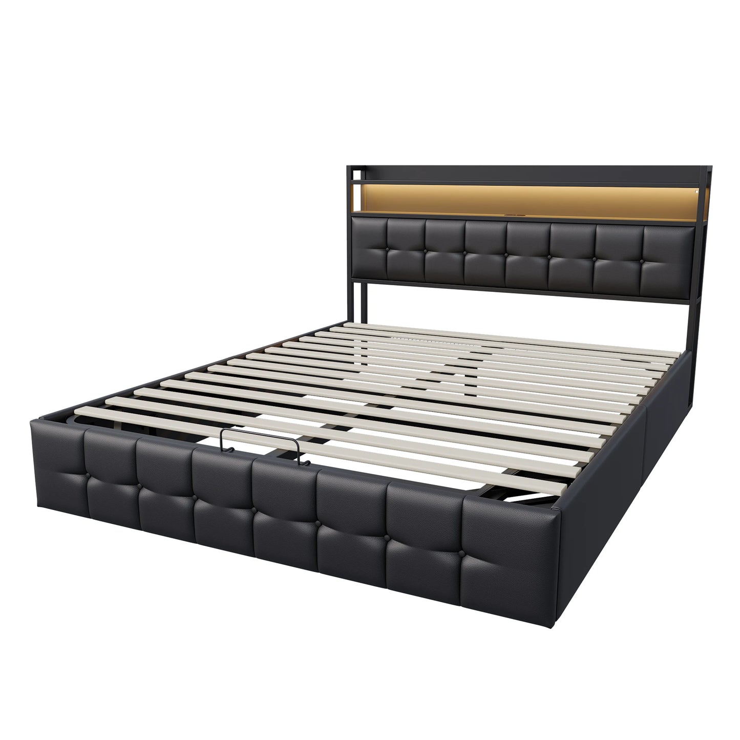 Polsterbett 140x190 cm, mit LED-Beleuchtung und USB, mit Rückenlehnenrahmen, hydraulisches Speicherbett, Funktionsbett, PU