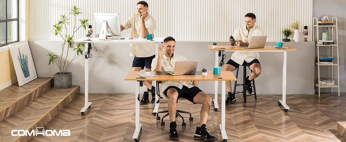COMHOMA Höhenverstellbarer Schreibtisch mit USB-Buchse und Haken, Elektrisch Verstellbarer Computertisch, Steh-Sitztisch