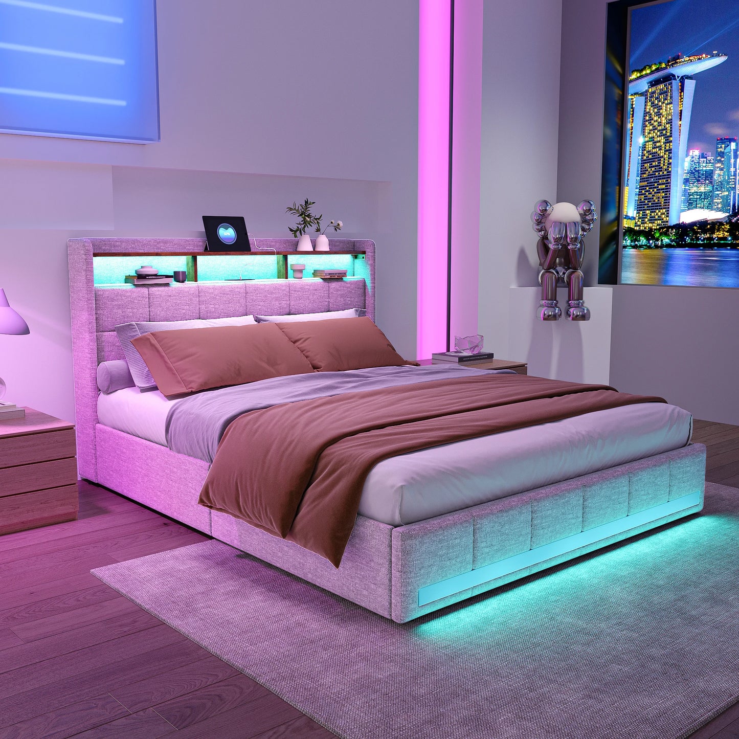 Double Bed,Upholstered Bed with LED and USB Charging Port,4 Drawers and Storage Backrest for Adults or Teen Bedrooms,Beige/Grey