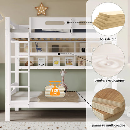 Etagenbett, Kinderbett mit Fallschutzgitter, Offenes Regal, Fünfstufige Leiter, Reichlich Stauraum, Kiefer+MDF, Weiß, 90x200cm