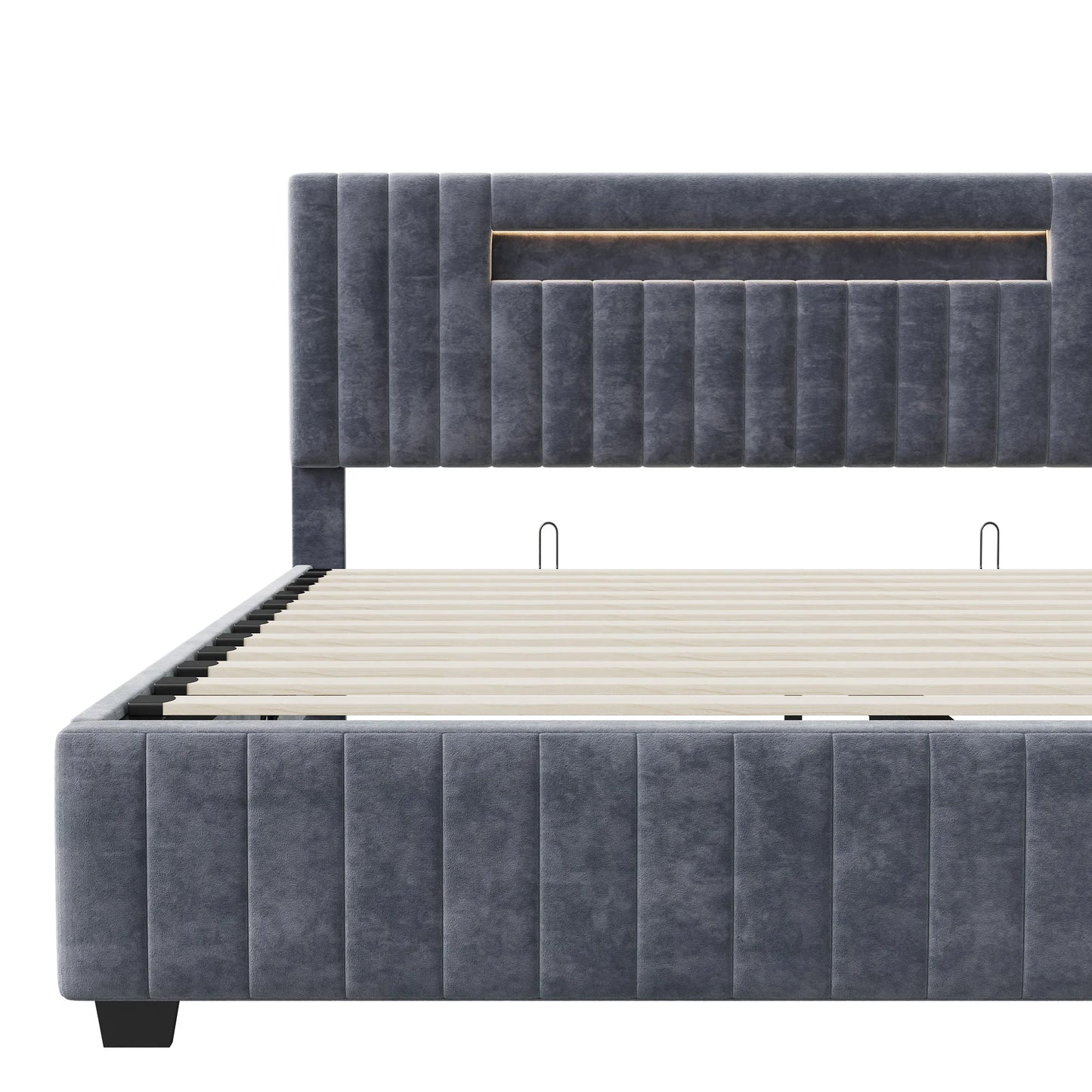 Rosahqnda 140x200 Bett mit Stauraum und Untergestell, gepolstertes Bett mit Stauraum, Doppelbett mit LED, Bettgestell aus Samt, mit Lattenrost, Grau