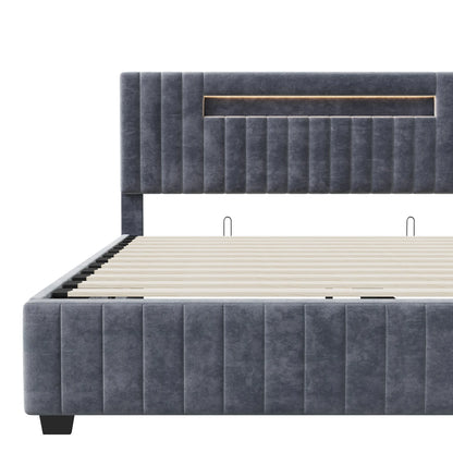Rosahqnda 140x200 Bett mit Stauraum und Untergestell, gepolstertes Bett mit Stauraum, Doppelbett mit LED, Bettgestell aus Samt, mit Lattenrost, Grau
