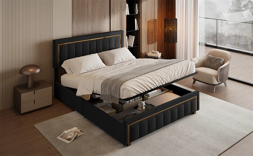 Rosahqnda Doppeltes gepolstertes hydraulisches Bett, 140-160 * 200 cm, großer Stauraum, Gästebett, Samt, schwarz, beige