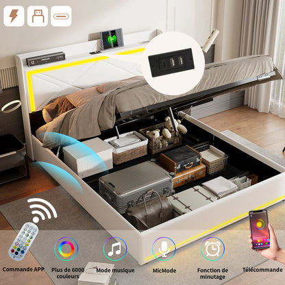 WoodenAura Hydraulisches Doppelbett, Polster bett mit Stauraum und LED-Beleuchtung, Metall rahmen Bett mit latten, PU-Leder weiß