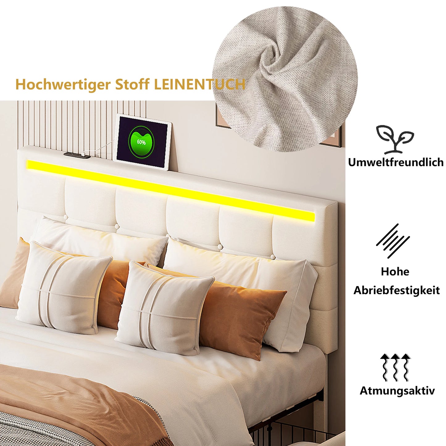 Rosahqnda Polsterbett mit 4 Schubladen und 2 USB-Anschlüssen, Bettrahmen mit LED-Leuchten, Kopfteil, Fußteil und Stauraum