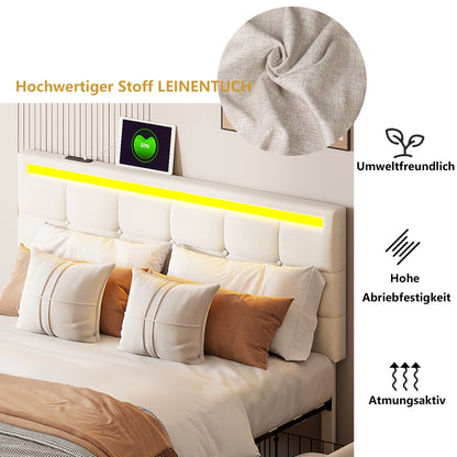 Rosahqnda Polsterbett mit 4 Schubladen und 2 USB-Anschlüssen, Bettrahmen mit LED-Leuchten, Kopfteil, Fußteil und Stauraum