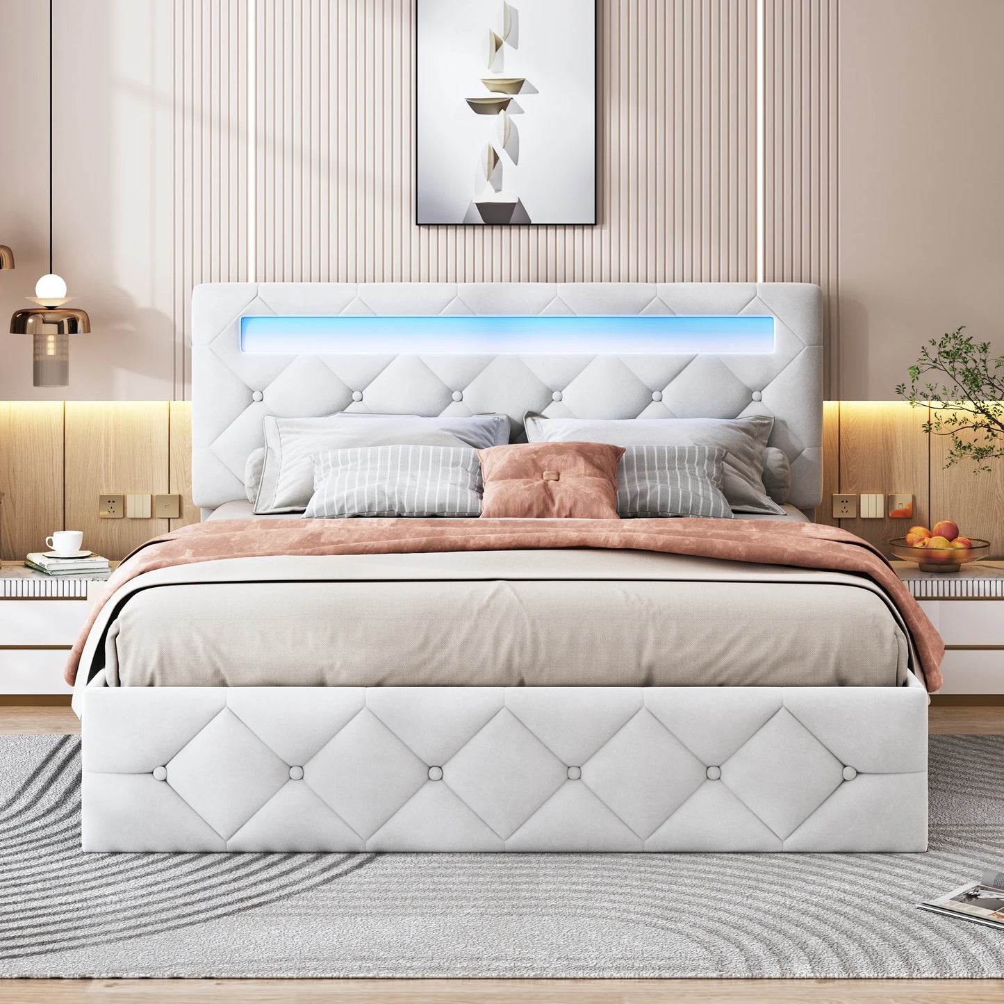 Rosahqnda Modernes weißes Polsterbett,hydraulisches Bett mit großem Stauraum, elegantes Doppelbett,Samtstoff, ohne Matratze