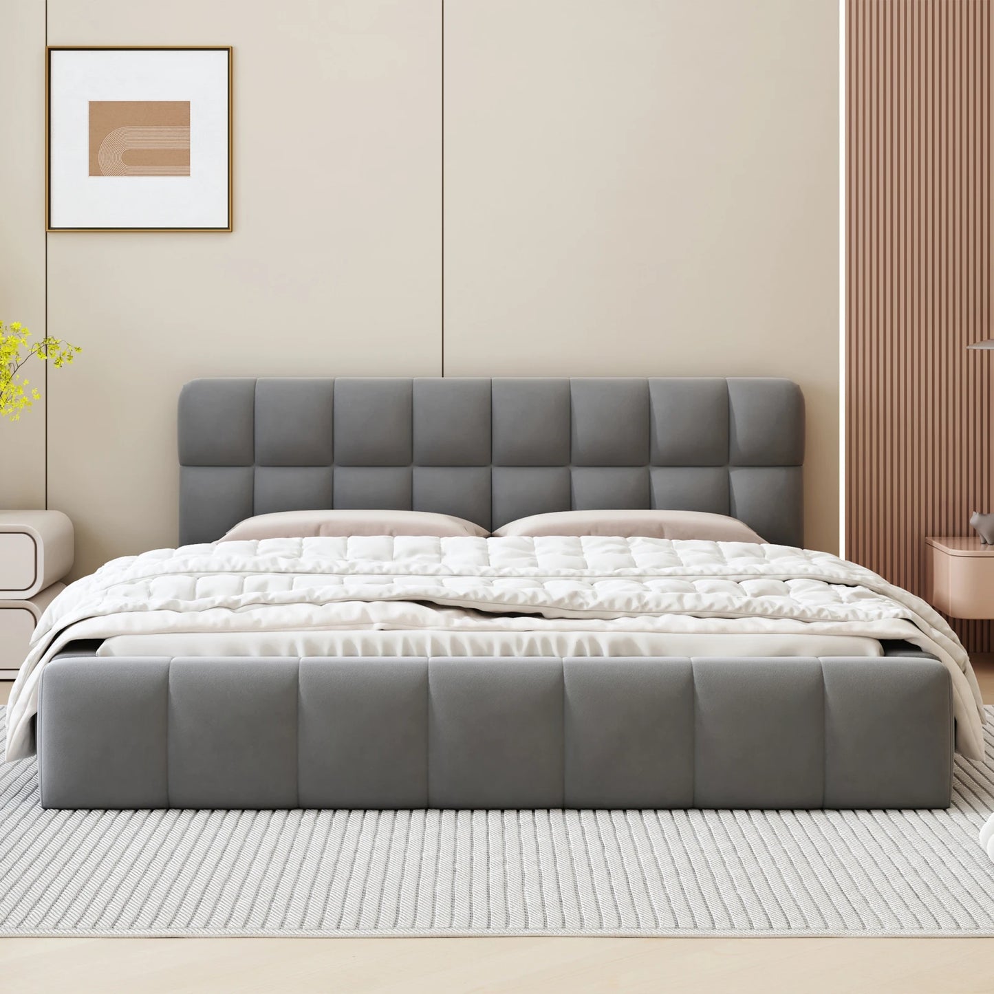 ROSAHQNDA Modernes Polsterbett, Doppelbett mit weicher Rückenlehne, Flachbett mit Polsterkante, Leinenstoff, ohne Matratze