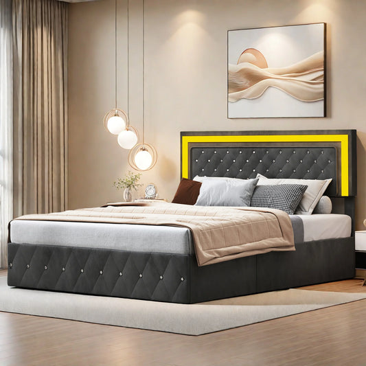 Rosahqnda gepolstertes Doppelbett 140 x 200 cm mit LED-Beleuchtung, hydraulischem Stauraumbett und Lattenrost, Funktionsbetten, Samt