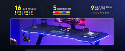 GTPLAYER Gaming Tisch, Gaming Schreibtisch 120 x 60cm, PC Tisch Gamer Tisch mit Kohlefaseroberfläche/LED/Steckdose, Schwarz