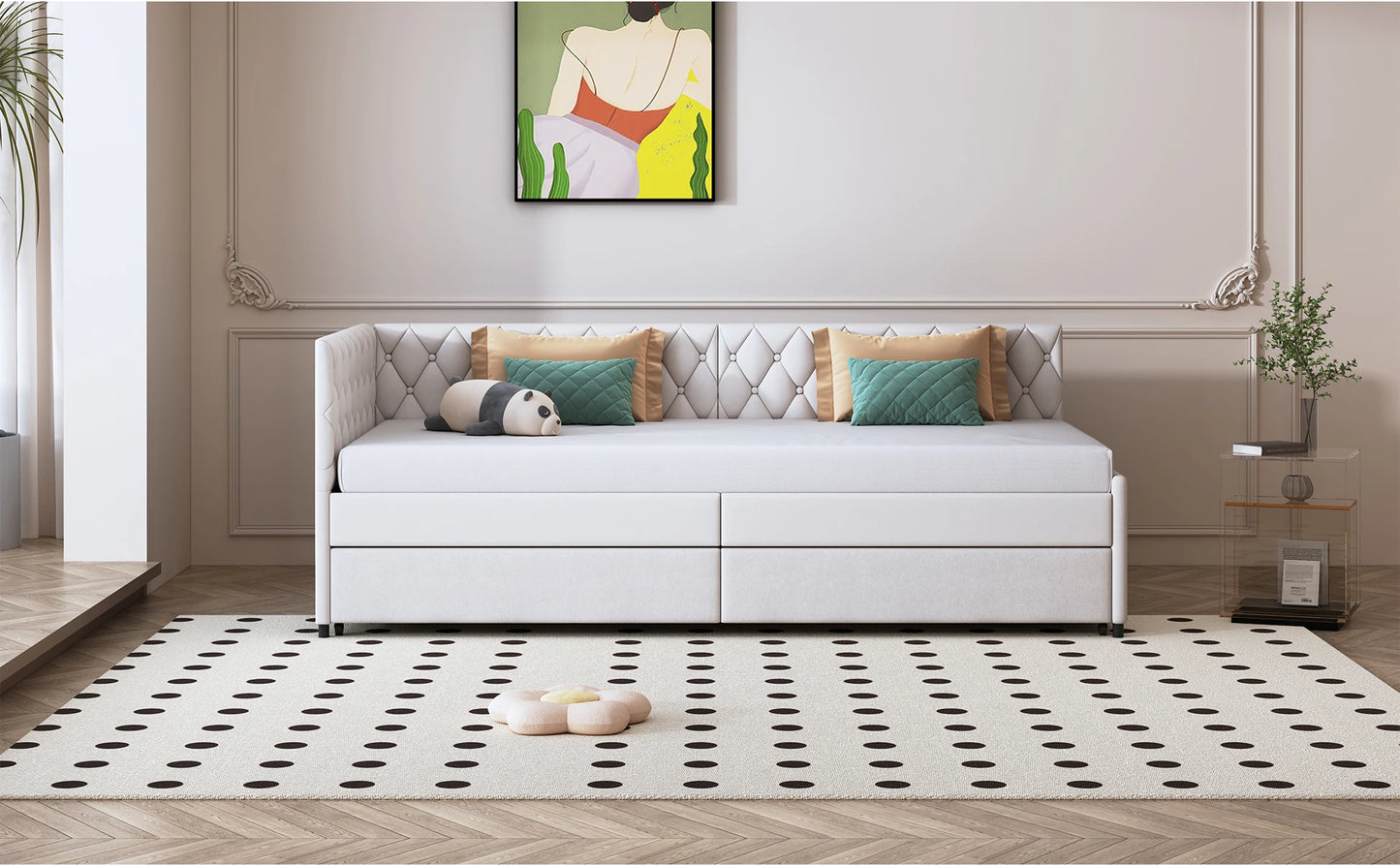 Rosahqnda gepolstertes Tagesbett 90 x 200 cm mit ausziehbarem Bett, Einzelbett, Schlafsofa, Tagesbettgestell mit Lattenrost