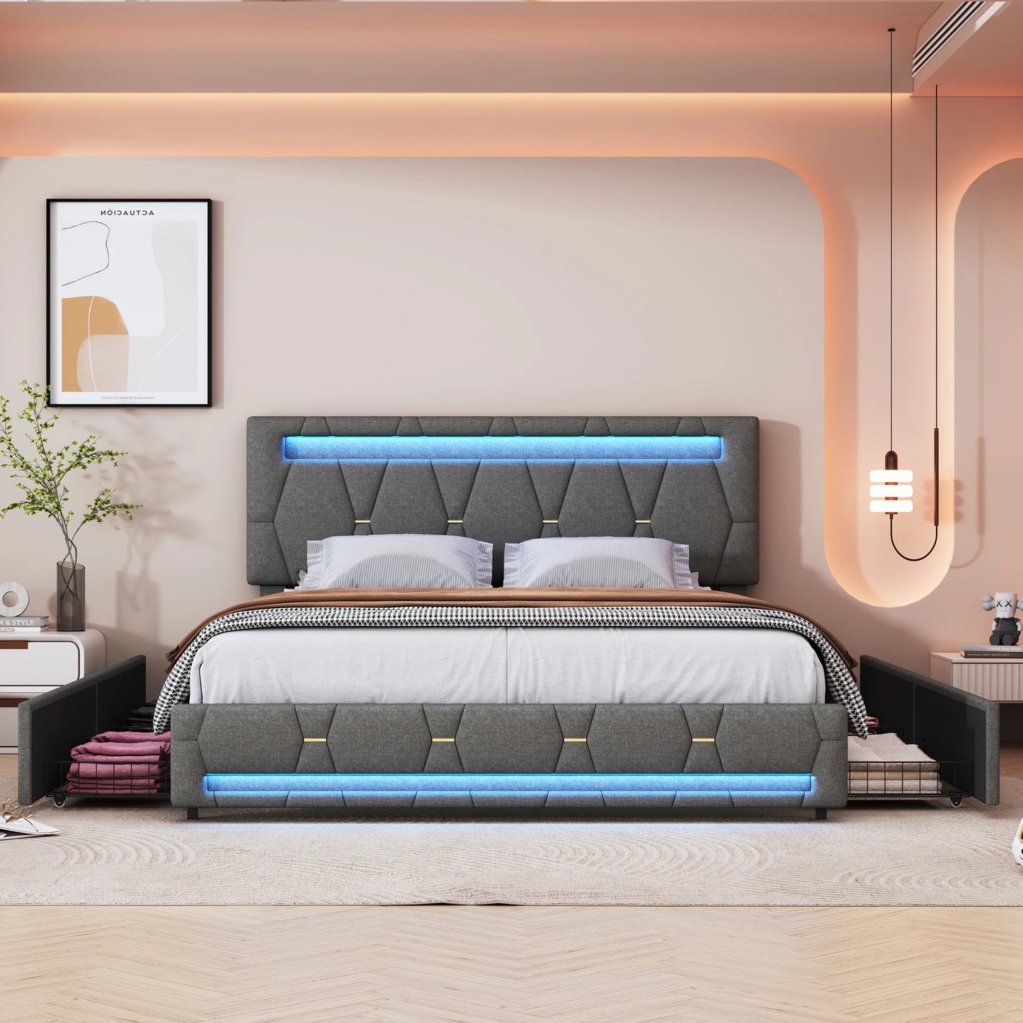 Rosahqnda Polsterbett 140 x 200 cm, Doppelbett mit LED-Beleuchtung, 4 Schubladen und Lattenrost, USB-Ladefunktion, hydraulisches Bett