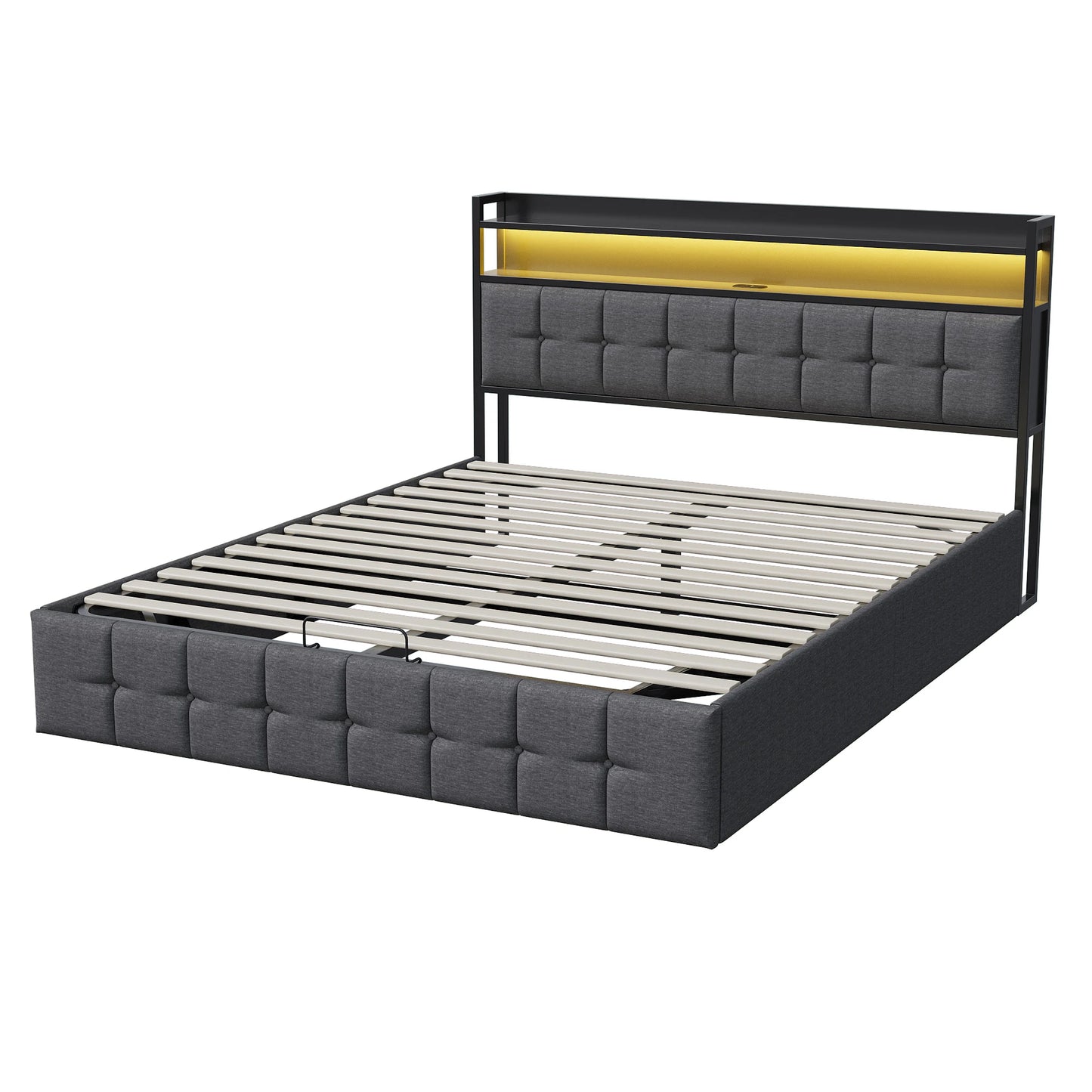 Rosahqnda Polsterbett 140 x 190 cm Doppelbett mit LED und USB, gepolsterter Bettrahmen mit Kopfteil und Lattenrost, Höhe 32 cm