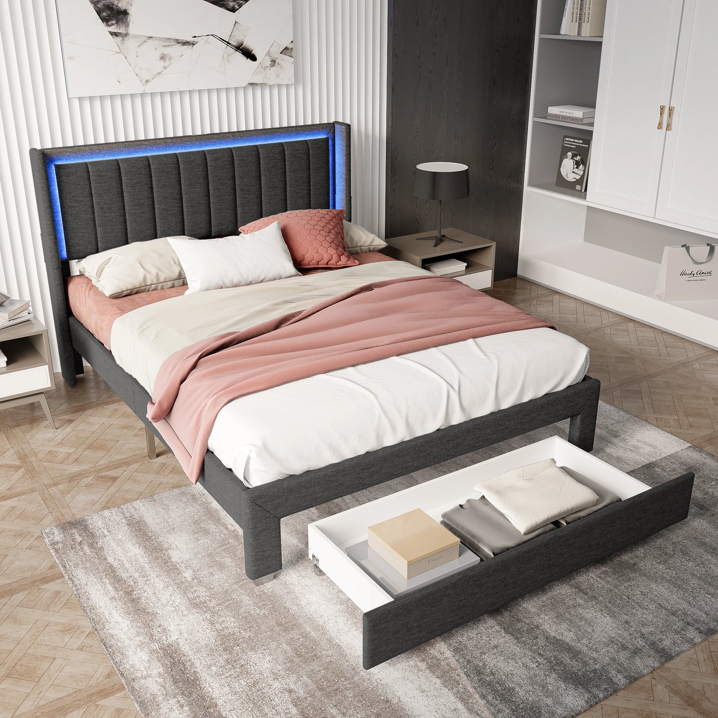 Rosahqnda Gepolsterter Bettrahmen mit LED, USB, Schubladen, Leinen Plattformbett 140-160-180×200cm,Jugendwohnungsbett,Gästebett