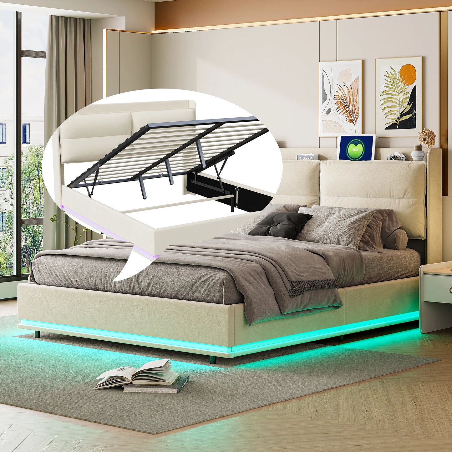 WoodenAura 140×200 cm Polsterbett, hydraulisches Doppelbett mit LED-Leuchten und Lattenrost, mit Rückenlehnenkopfteil