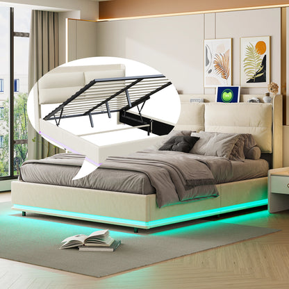 WoodenAura 140×200 cm Polsterbett, hydraulisches Doppelbett mit LED-Leuchten und Lattenrost, mit Rückenlehnenkopfteil