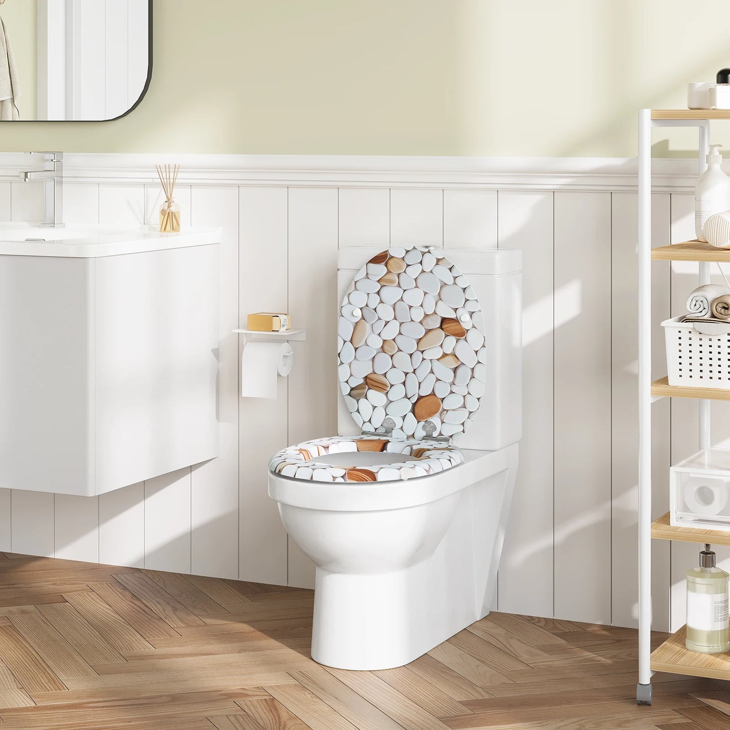 O-förmiger Toilettensitz, verstellbare Scharniere, Toilettendeckel mit Motiv, Soft-Close-Mechanismus für Badezimmer